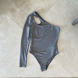 shein asymmetrical one shoulder bodysuit silver gray